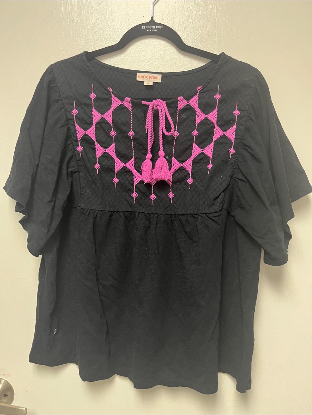 Knox Rose Black Top with Hot Pink Embroidered Yoke